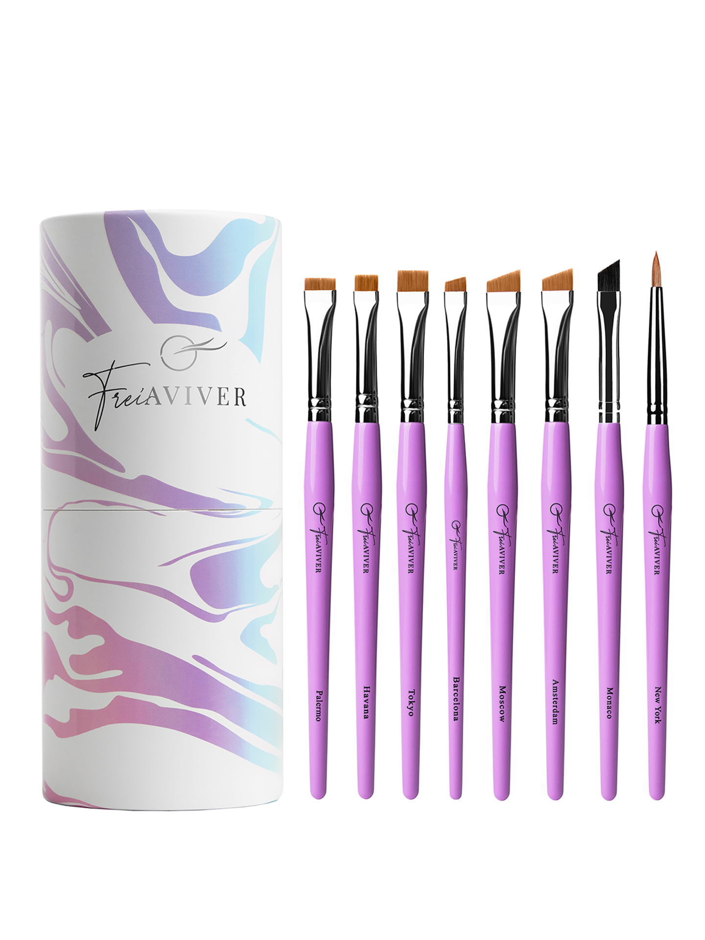FreiAVIVER Набор кистей для бровей и ресниц в тубе (8 шт), сиреневый